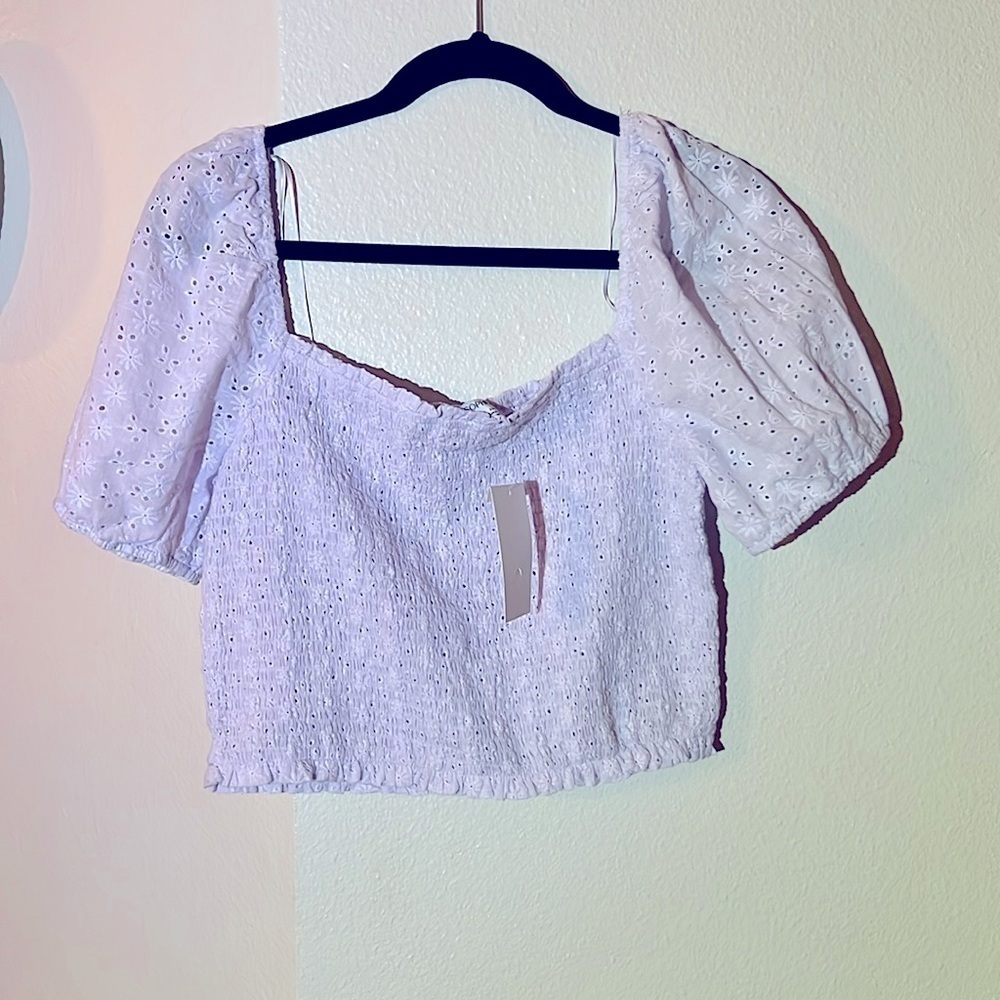SOPHIE RUE Smocked Cropped Top in Lilac with Embroidered Sleeves - Size‎ L NWT